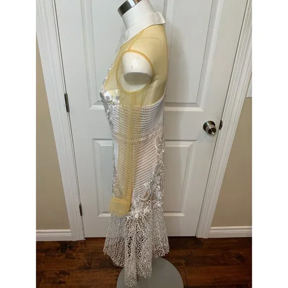 Self-Portrait White Lace Tan Mesh Collared Long Sleeve Fit & Flare Dress, Size 8 - Picture 5 of 8